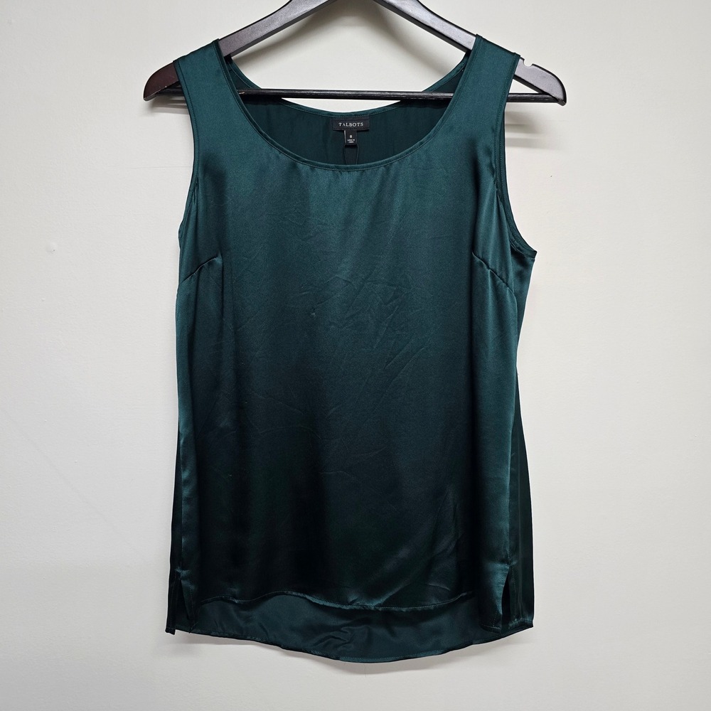 Talbots Silk Satin Tank Top Womens 8 Green Sleeveless Scoop Neck Party Luxe